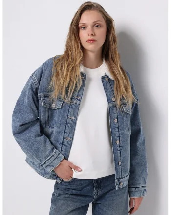 Jacheta lejera de denim cu guler de blana sintetica, Albastru melange