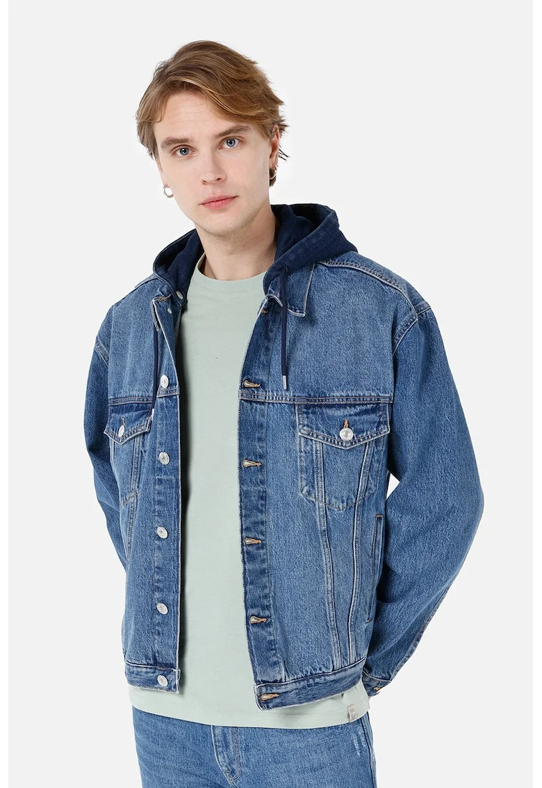 Jacheta din denim cu gluga detasabila, Albastru inchis