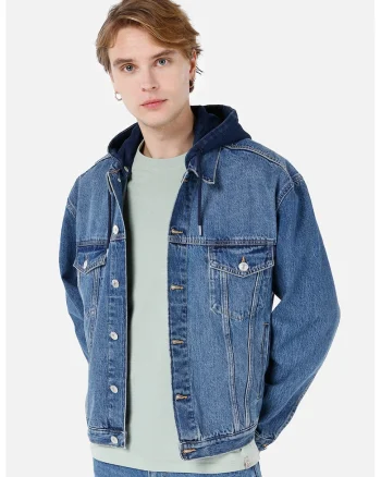 Jacheta din denim cu gluga detasabila, Albastru inchis