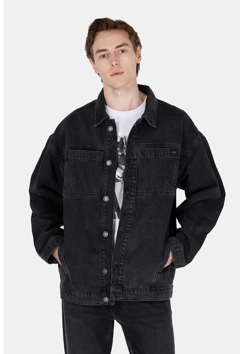 Jacheta din denim cu buzunare oblice, Negru
