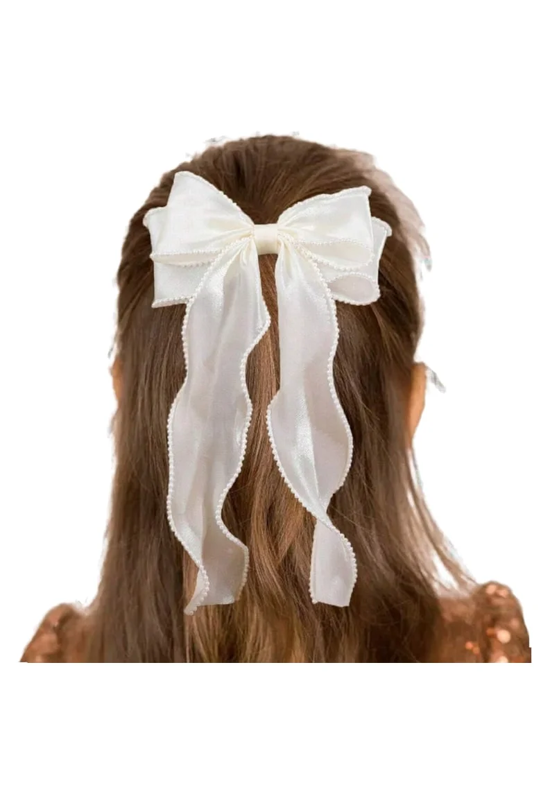 Clama eleganta pentru par cu funda din organza si perle – Accesoriu rafinat pentru ocazii speciale