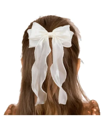 Clama eleganta pentru par cu funda din organza si perle – Accesoriu rafinat pentru ocazii speciale