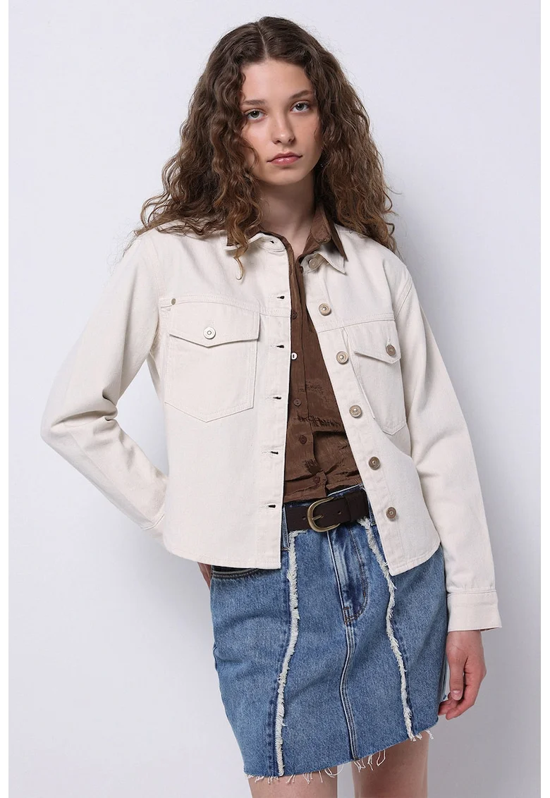 Jacheta-camasa din denim cu buzunare cu clapa pe piept, Bej deschis