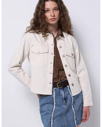 Jacheta-camasa din denim cu buzunare cu clapa pe piept, Bej deschis