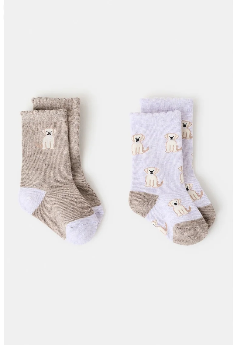 Set de sosete lungi cu model cu caine - 2 perechi, Maro taupe/Lila pal