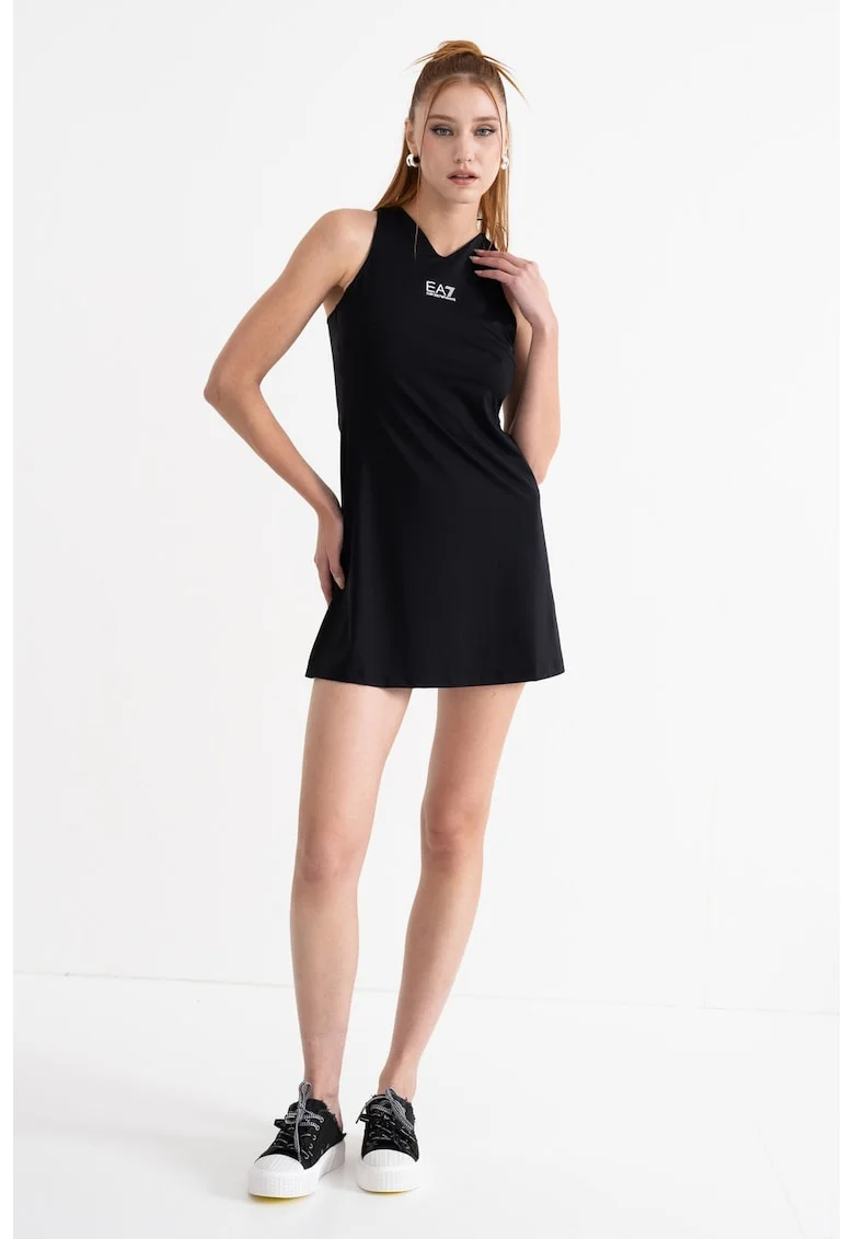 Rochie mini cu decolteu in V si pantaloni scurti asortati Tennis, Negru