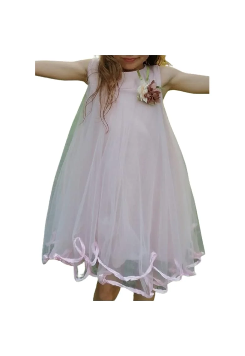 Rochie fetițe eleganță și stil Hanna, tiul de înaltă calitate, căptușeală din bumbac, cu aplicație florală detașabilă, Roz