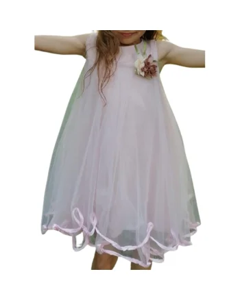 Rochie fetițe eleganță și stil Hanna, tiul de înaltă calitate, căptușeală din bumbac, cu aplicație florală detașabilă, Roz
