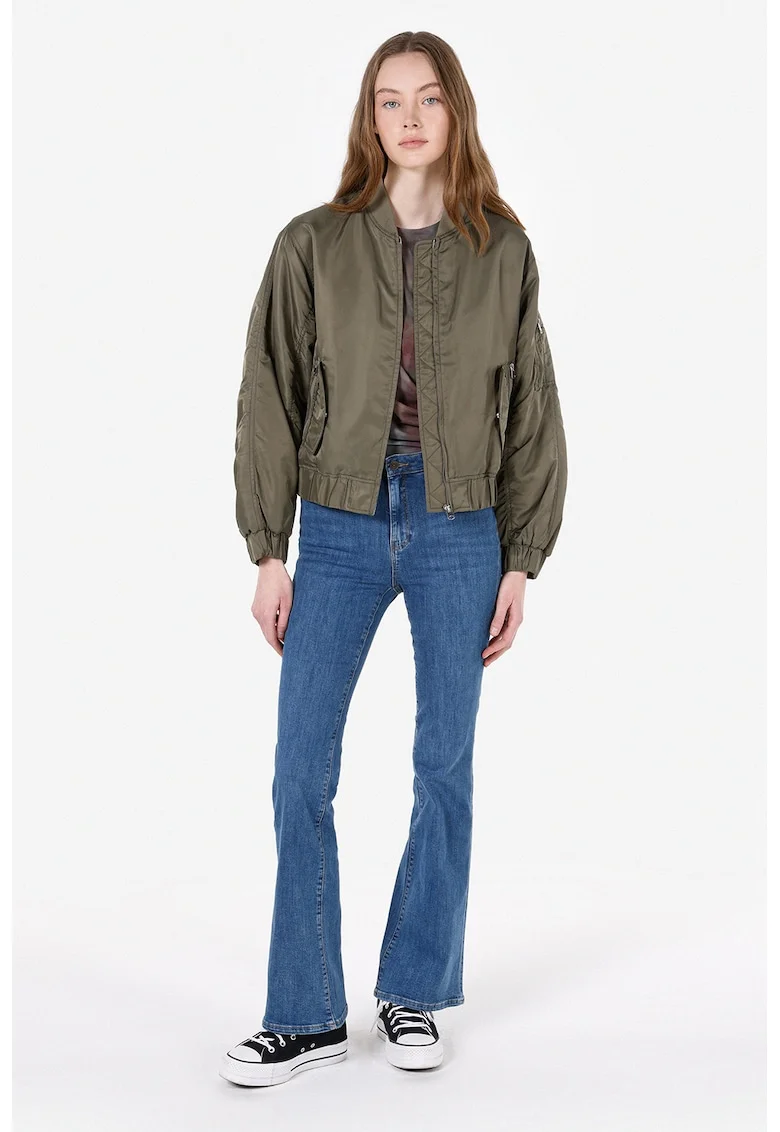 Jacheta bomber din nailon cu buzunare multiple, Kaki