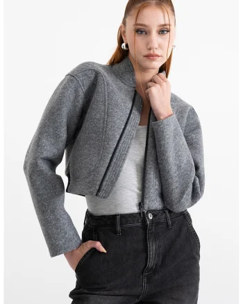 Jacheta crop din amestec de lana, Gri