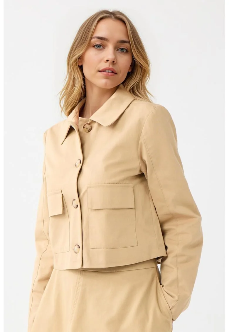 Jacheta crop cu buzunare cu clapa, Maro camel