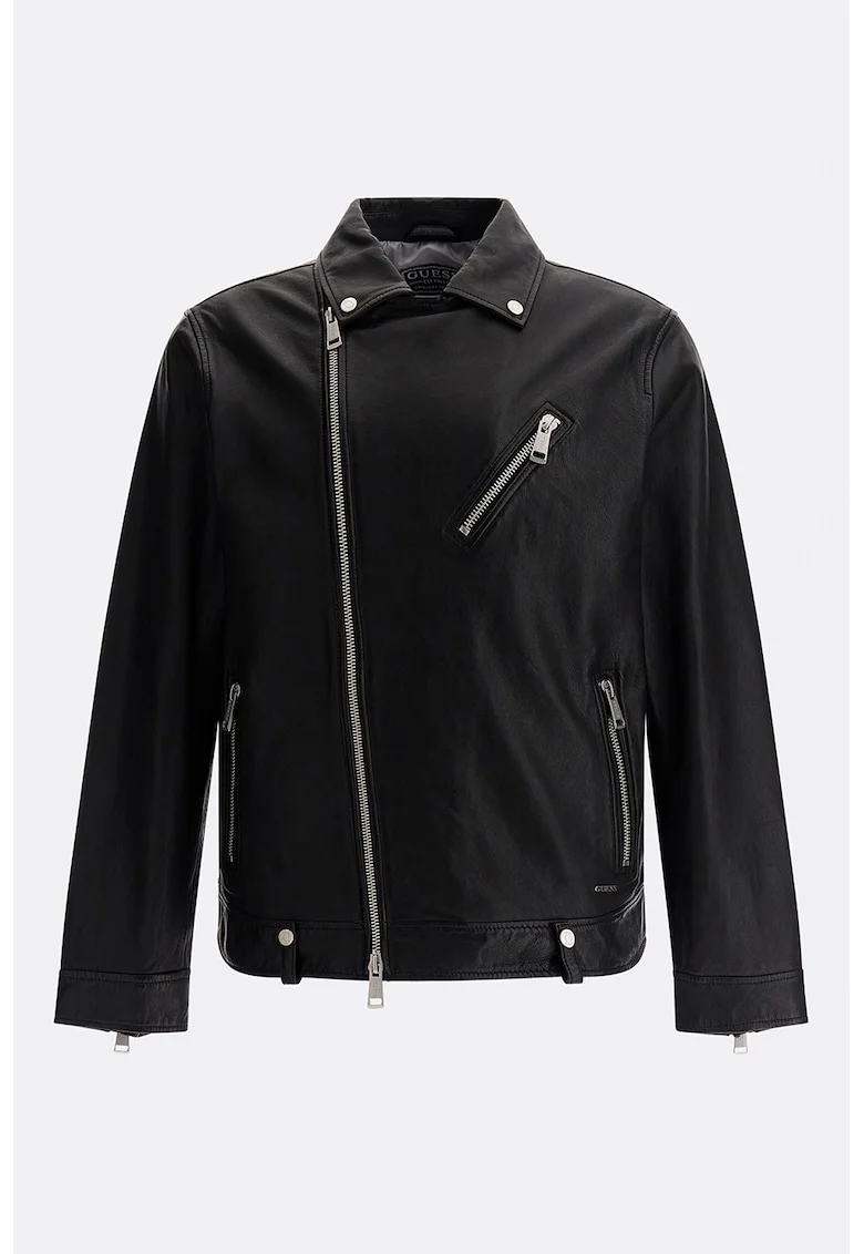 Jacheta biker de piele cu buzunare cu fermoar, Negru