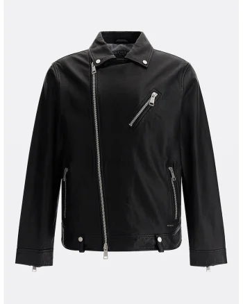 Jacheta biker de piele cu buzunare cu fermoar, Negru