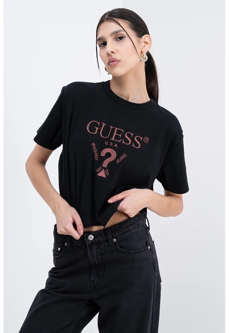 Tricou crop cu logo brodat, Maro inchis/Negru