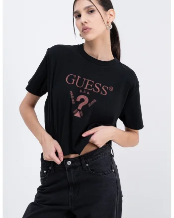 Tricou crop cu logo brodat, Maro inchis/Negru
