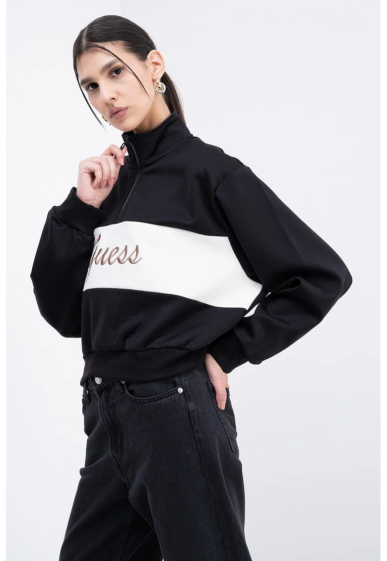 Bluza crop de trening cu croiala supradimensionata si fermoar scurt, Alb fildes/Negru