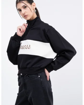 Bluza crop de trening cu croiala supradimensionata si fermoar scurt, Alb fildes/Negru