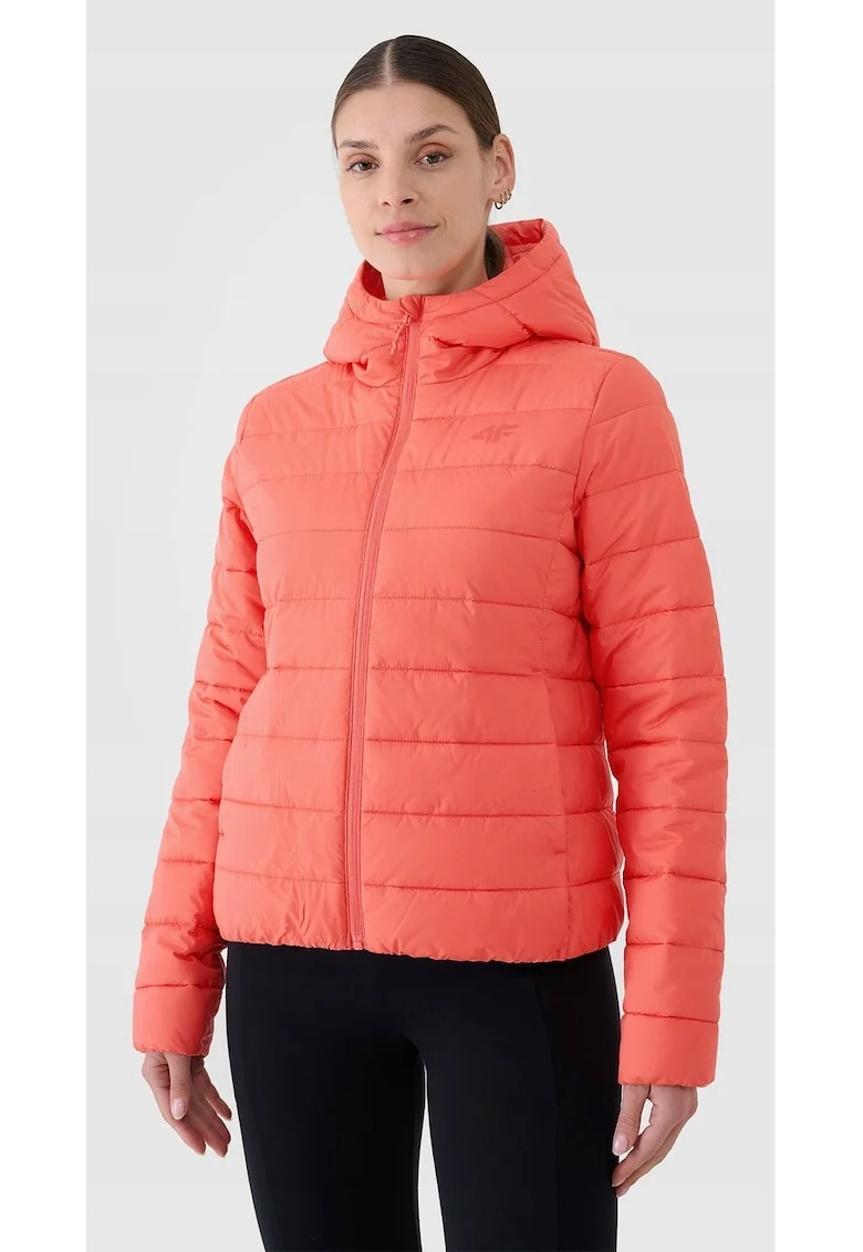 Jacheta de puf  pentru femei, rosie, umplutura sintetica reciclata, design usor, gluga integrata, slim fit, sezon primavara-vara