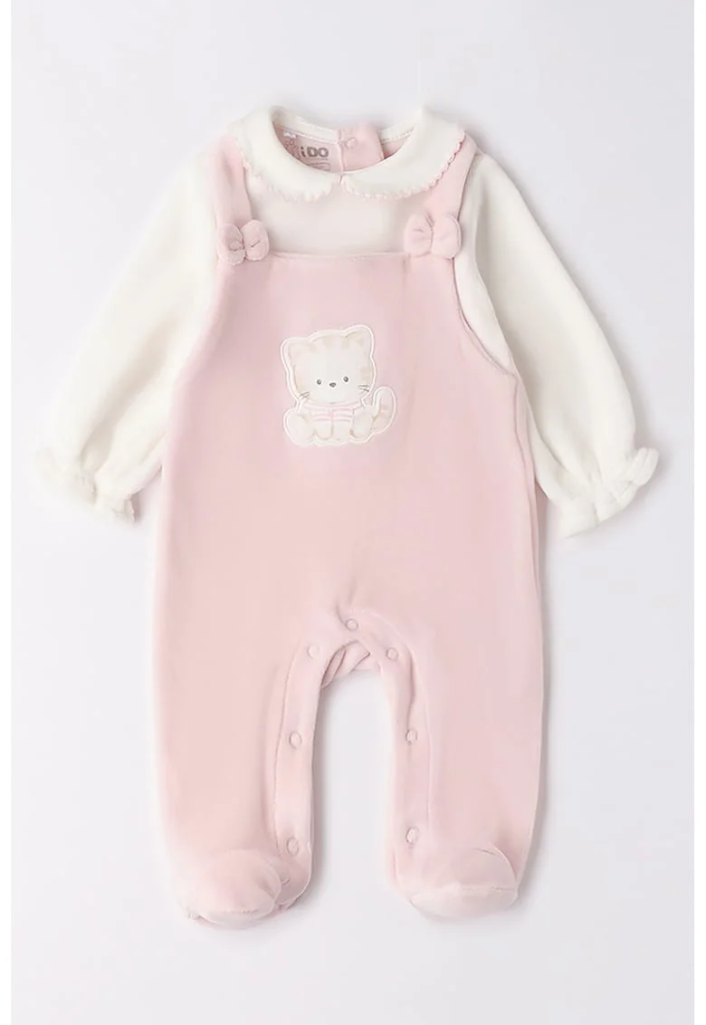 Salopeta 2 in1 cu botosei, Alb fildes/Roz pastel