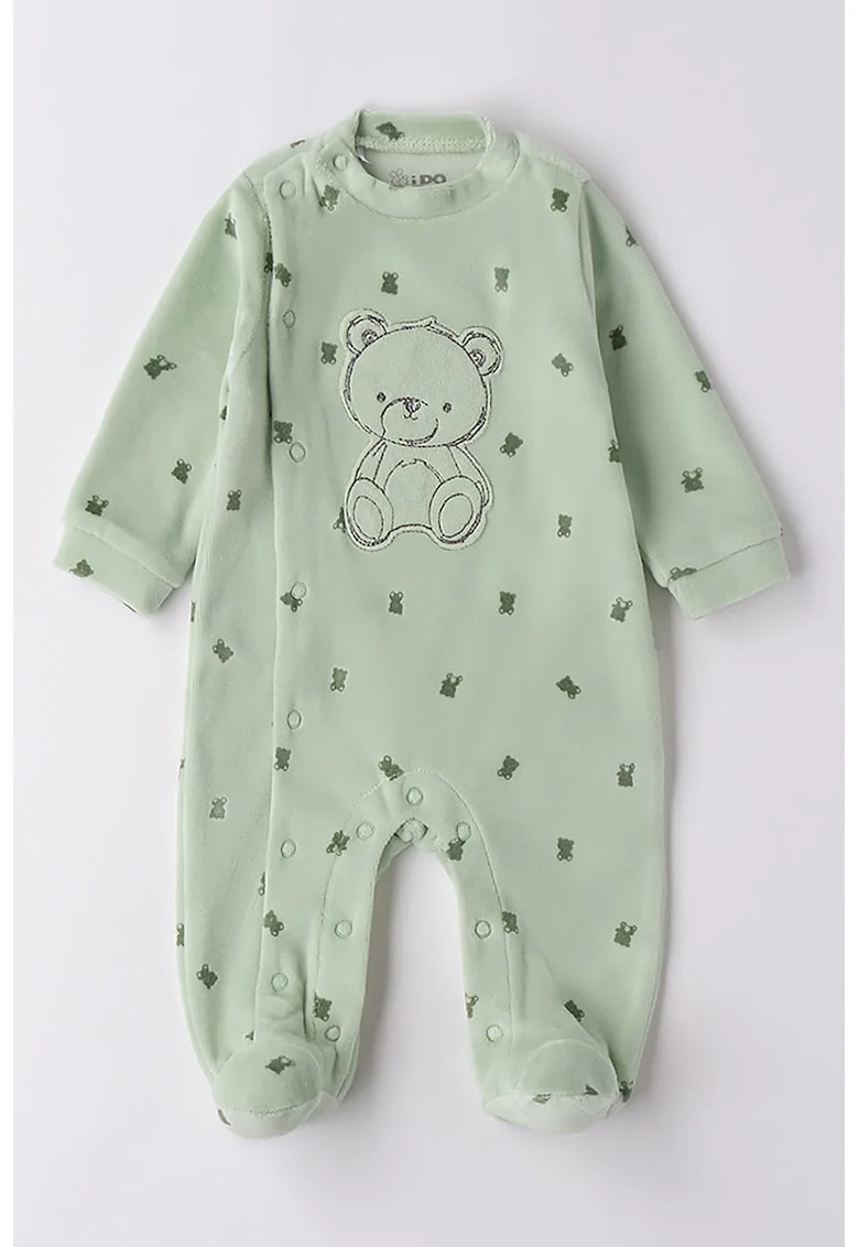 Salopeta din amestec de bumbac cu model urs, Verde pal/Verde feriga