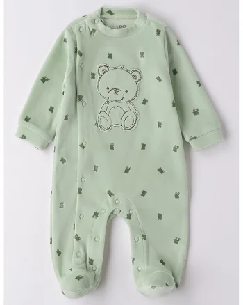 Salopeta din amestec de bumbac cu model urs, Verde pal/Verde feriga