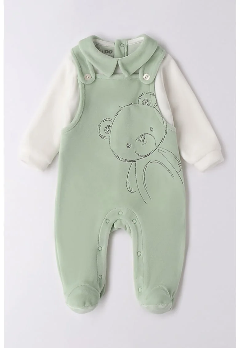 Salopeta cu model 2 in1 si aspect texturat de catifea, Alb/Verde pal