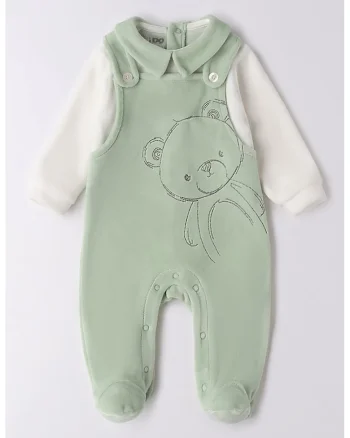 Salopeta cu model 2 in1 si aspect texturat de catifea, Alb/Verde pal