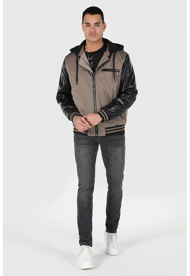 Geaca colorblock cu gluga, Maro taupe