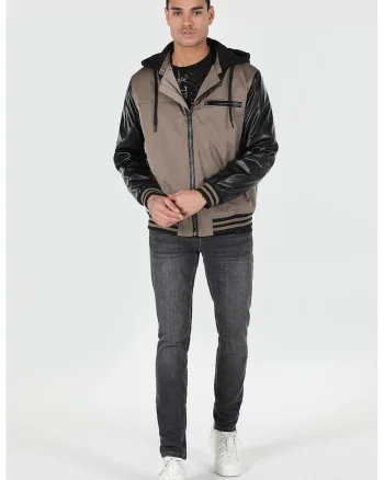 Geaca colorblock cu gluga, Maro taupe