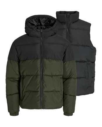 Set de vesta si geaca cu vatelina, 2 piese, Verde/Negru
