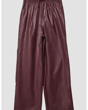 Pantaloni din piele ecologica cu croiala ampla si talie ajustabila, Visiniu