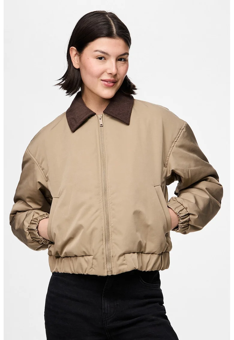 Jacheta lejera cu fermoar si guler clasic, Maro nisip