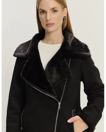 Jacheta de piele intoarsa ecologica cu revere supradimensionate de blana sintetica, Negru