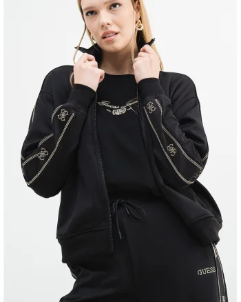 Bluza de trening cu fermoar si imprimeu logo discret, Negru