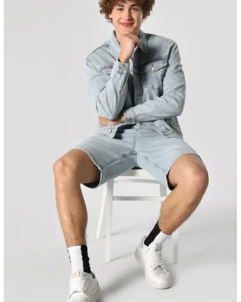 Jacheta din denim cu buzunare cu clapa, Albastru glaciar