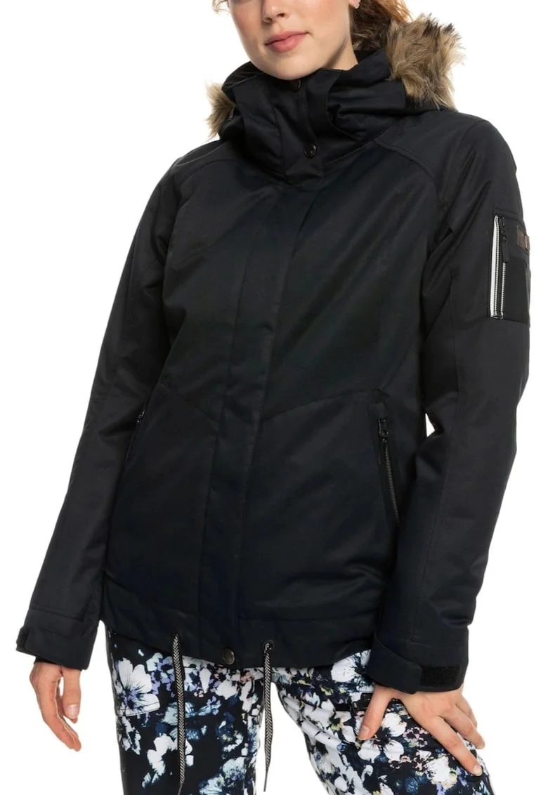Jacheta de snowboard si schi pentru femei  impermeabila, neagra, poliester, cu gluga detasabila