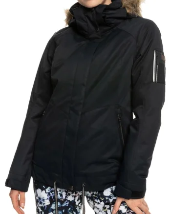 Jacheta de snowboard si schi pentru femei  impermeabila, neagra, poliester, cu gluga detasabila