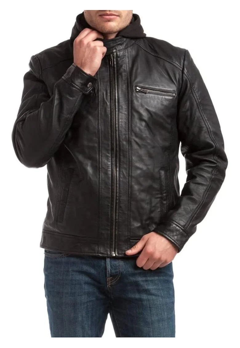 Sacou din piele  Leif, negru, cu gluga detasabila, 4 buzunare, pentru barbati,