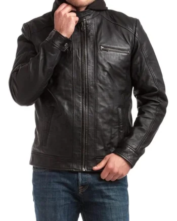 Sacou din piele  Leif, negru, cu gluga detasabila, 4 buzunare, pentru barbati,