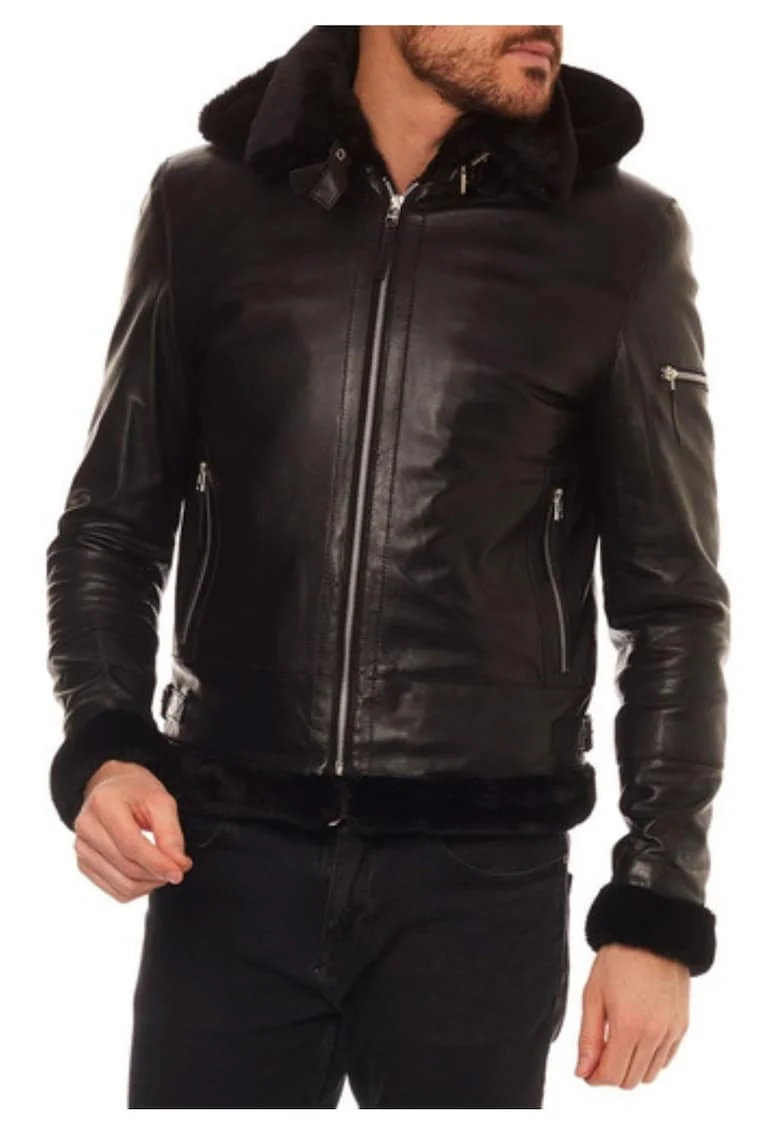 Sacou barbati Isaco, piele naturala, negru, gluga detasabila, buzunare, XL,