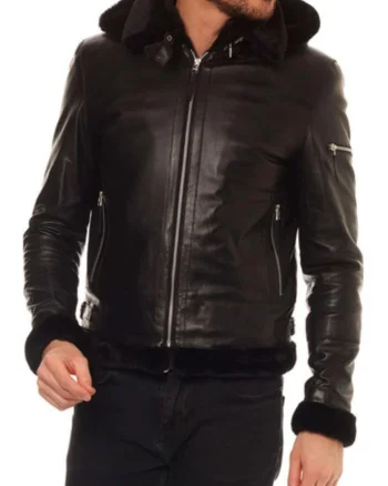 Sacou barbati Isaco, piele naturala, negru, gluga detasabila, buzunare, XL,