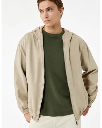 Jacheta din denim cu gluga si buzunare laterale, Verde pal