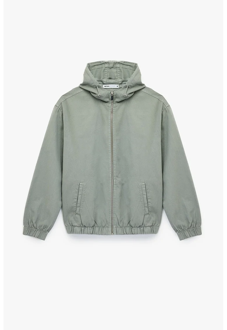 Jacheta din denim cu gluga si buzunare laterale, Verde sparanghel