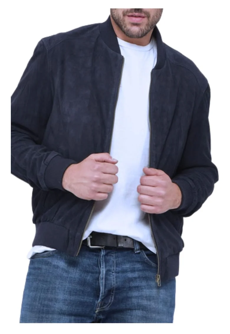 Jacheta din piele nubuck  bleumarin, lungime maneca lunga, guler elegant, set de 1 buc.,