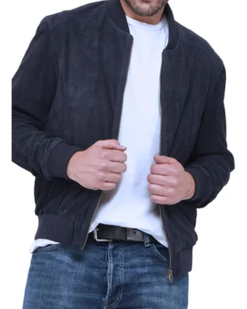 Jacheta din piele nubuck  bleumarin, lungime maneca lunga, guler elegant, set de 1 buc.,