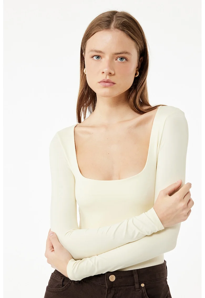 Bluza slim fit cu decolteu patrat, Alb fildes