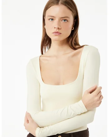 Bluza slim fit cu decolteu patrat, Alb fildes