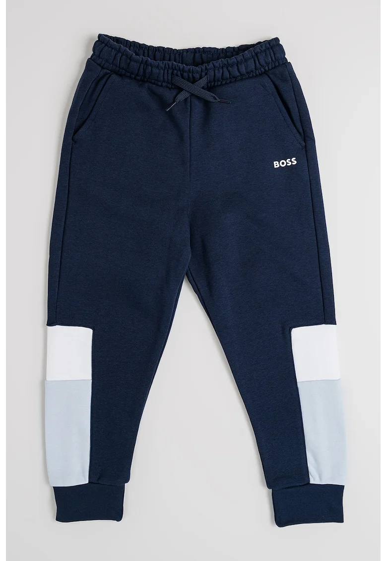 Pantaloni de trening cu snur si model colorblock, Alb/Bleumarin
