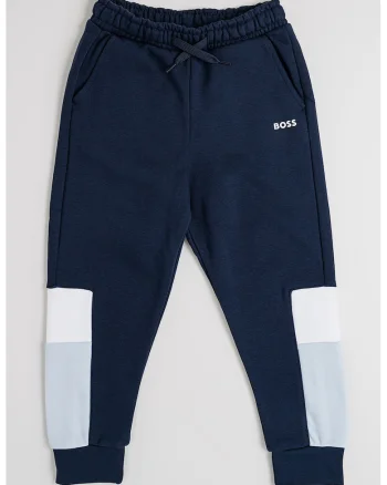 Pantaloni de trening cu snur si model colorblock, Alb/Bleumarin