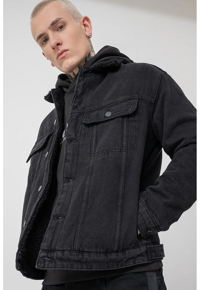 Jacheta din denim cu buzunare laterale, Negru